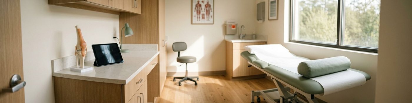 Orthopedic exam room with a knee-joint model and X-ray tablet