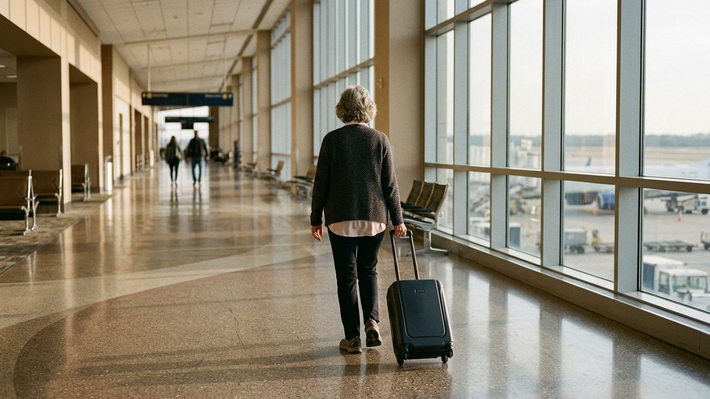 A woman walking easily through an airport concourse with a carry-on